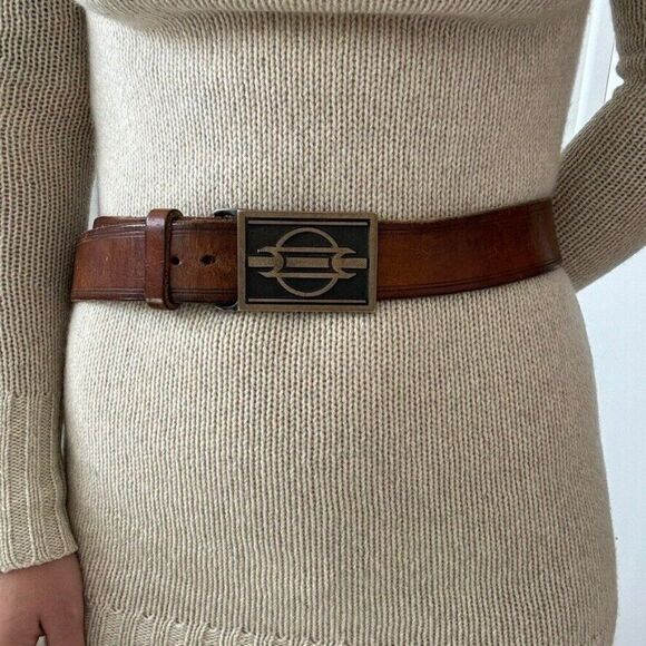 Vintage Tech Ether Guild 1979 Avatar Solid Brass Buckle Brown Leather Retro Belt - Picture 2 of 5